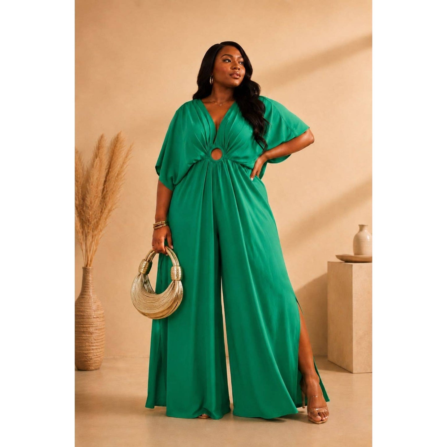 Plus V-neck Drop Shoulder With O Ring Attached Jumpsuit