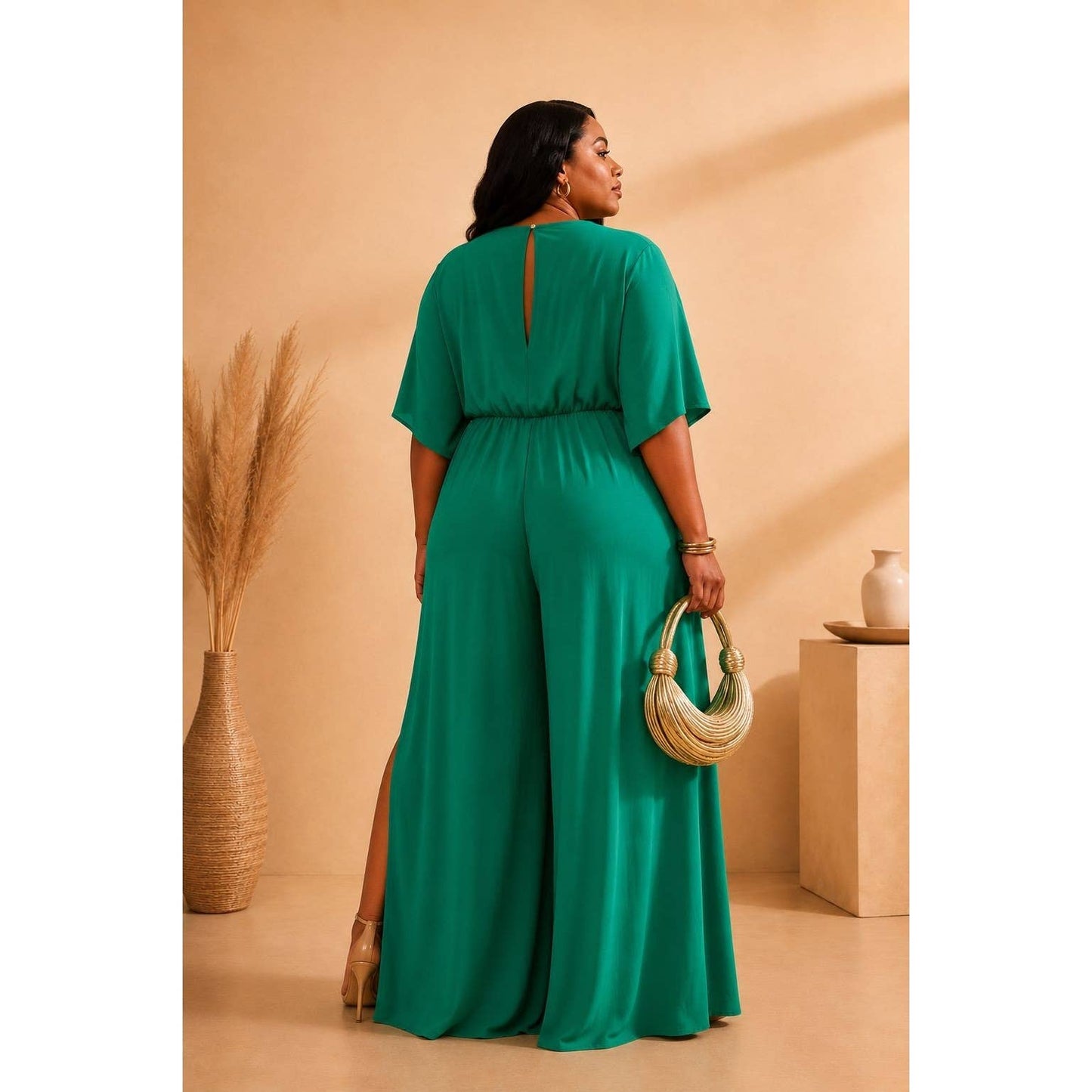 Plus V-neck Drop Shoulder With O Ring Attached Jumpsuit