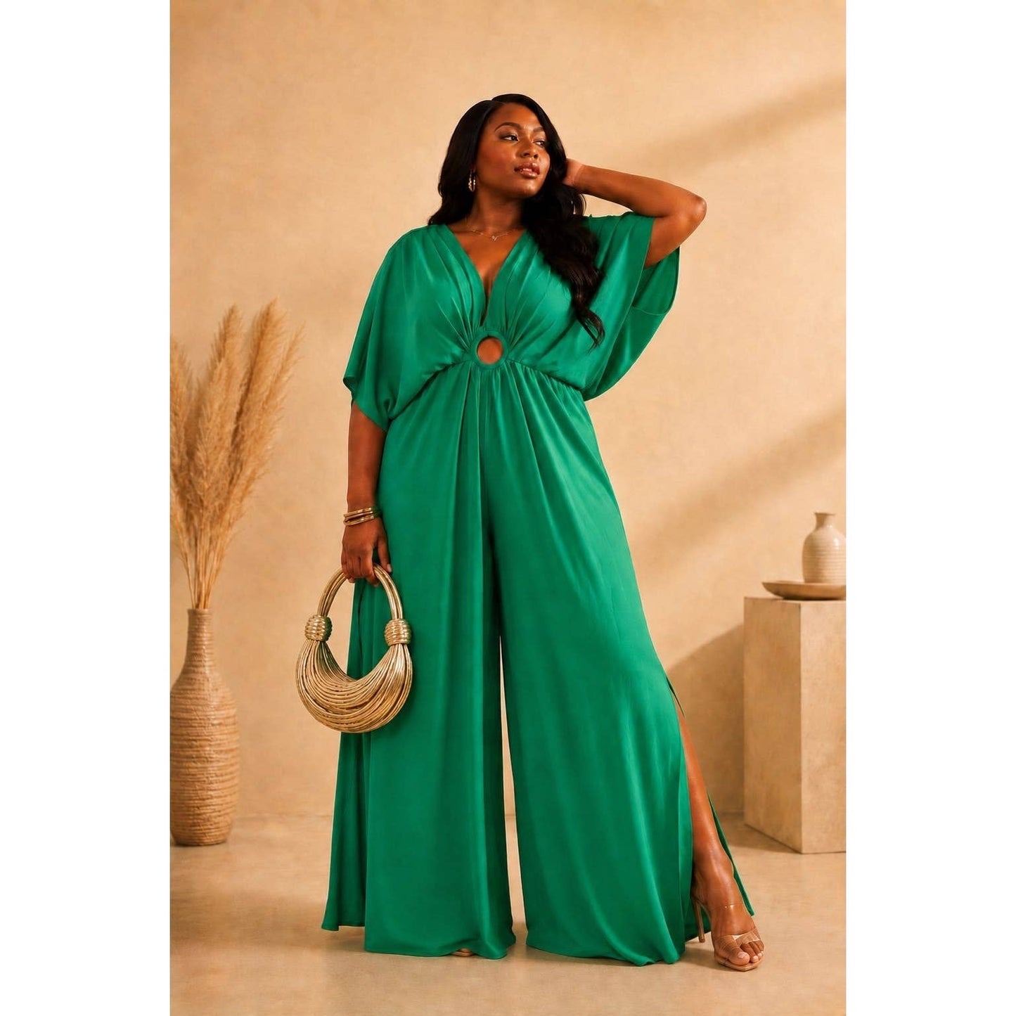 Plus V-neck Drop Shoulder With O Ring Attached Jumpsuit