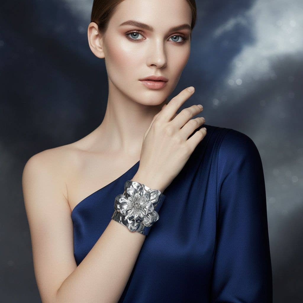 Cuff Hammered Silver Magnolia Flower Bracelet