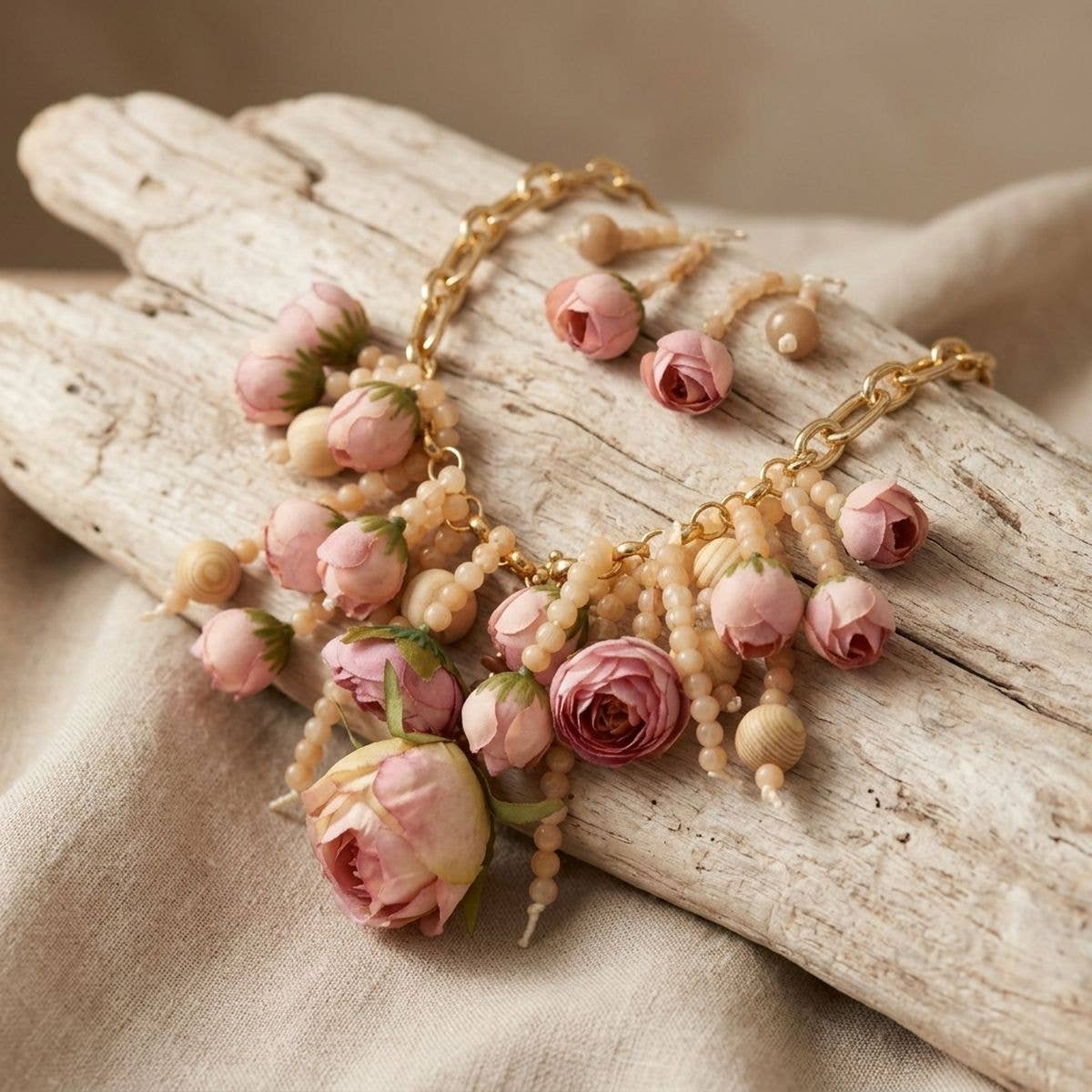 Pink Floral Garden Fringe Statement Necklace