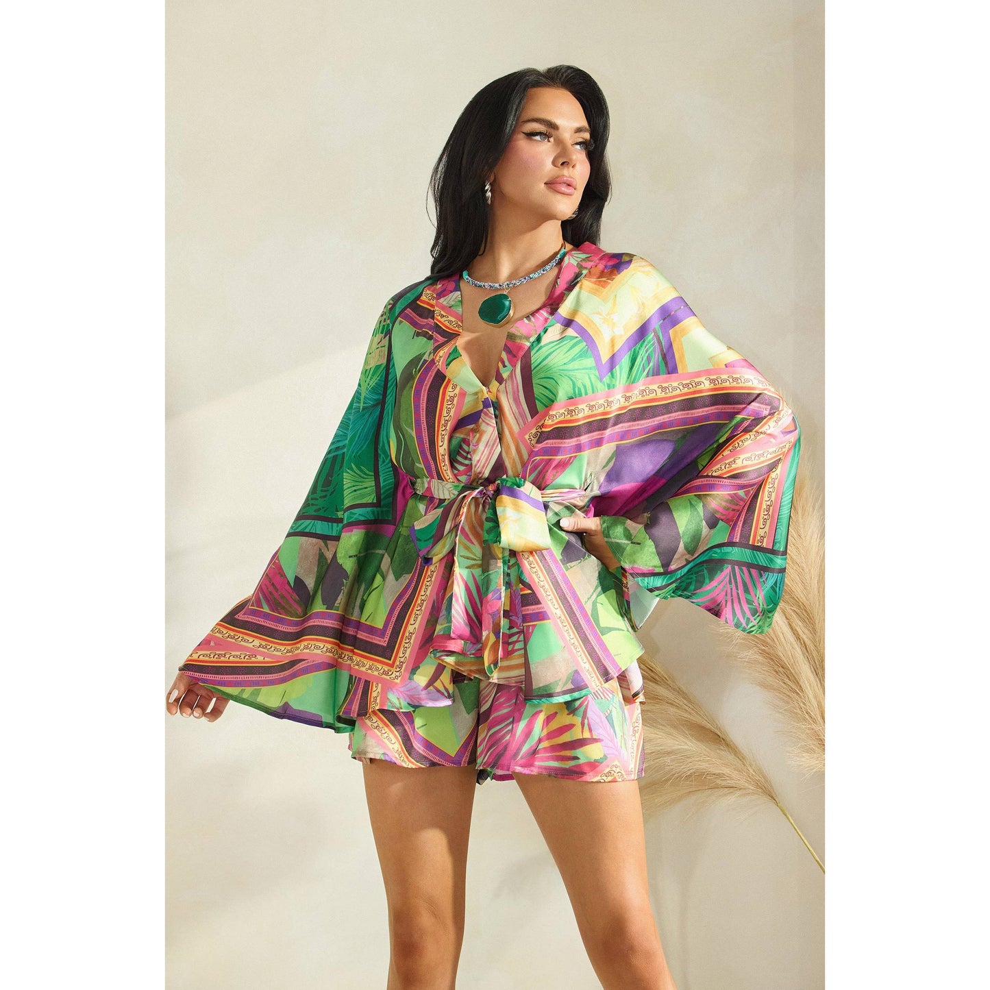 TROPICAL PRINT KIMONO TOP WITH SHORTS SET