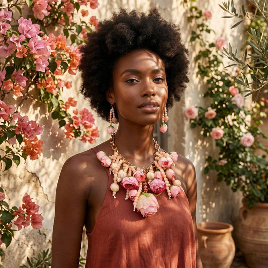Pink Floral Garden Fringe Statement Necklace