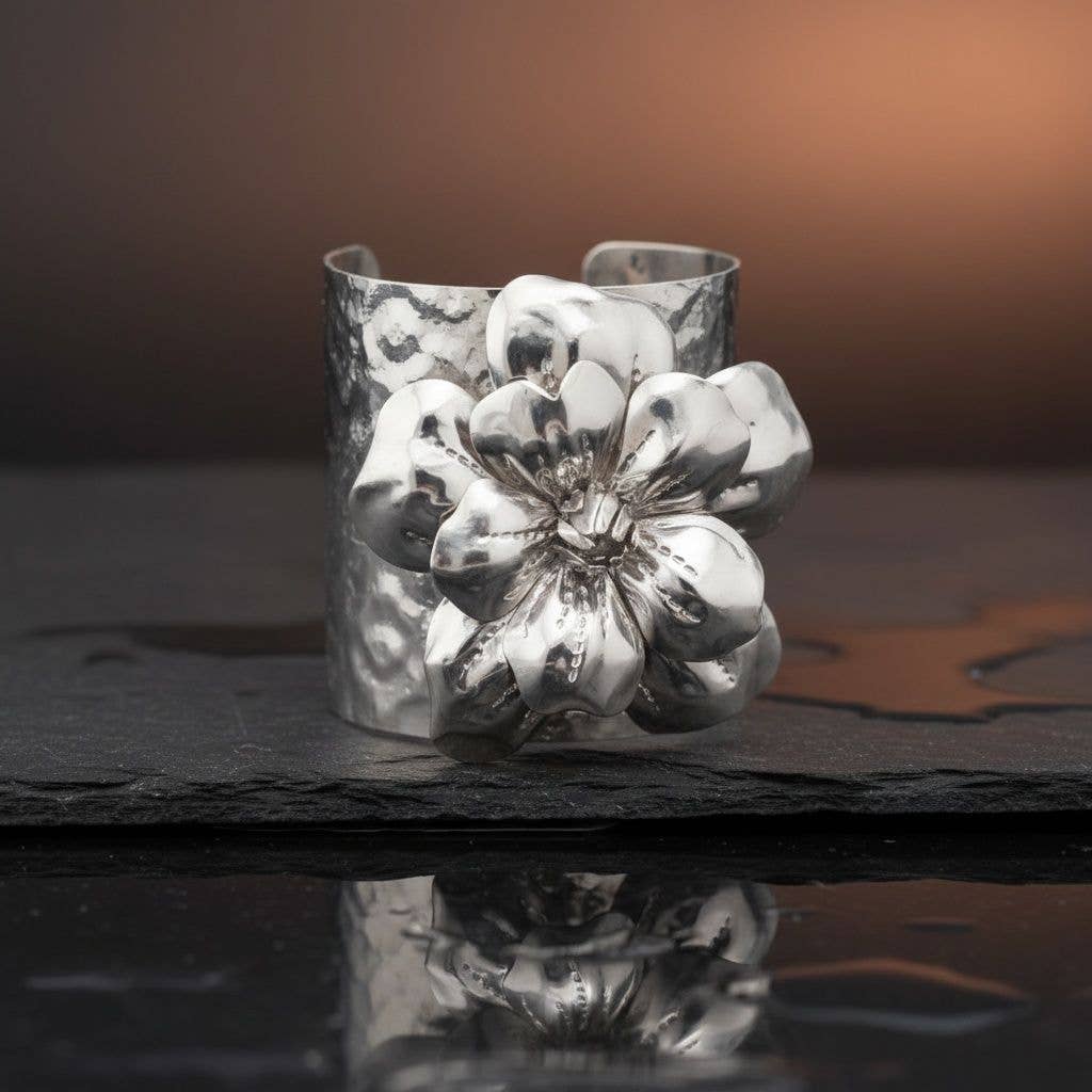 Cuff Hammered Silver Magnolia Flower Bracelet