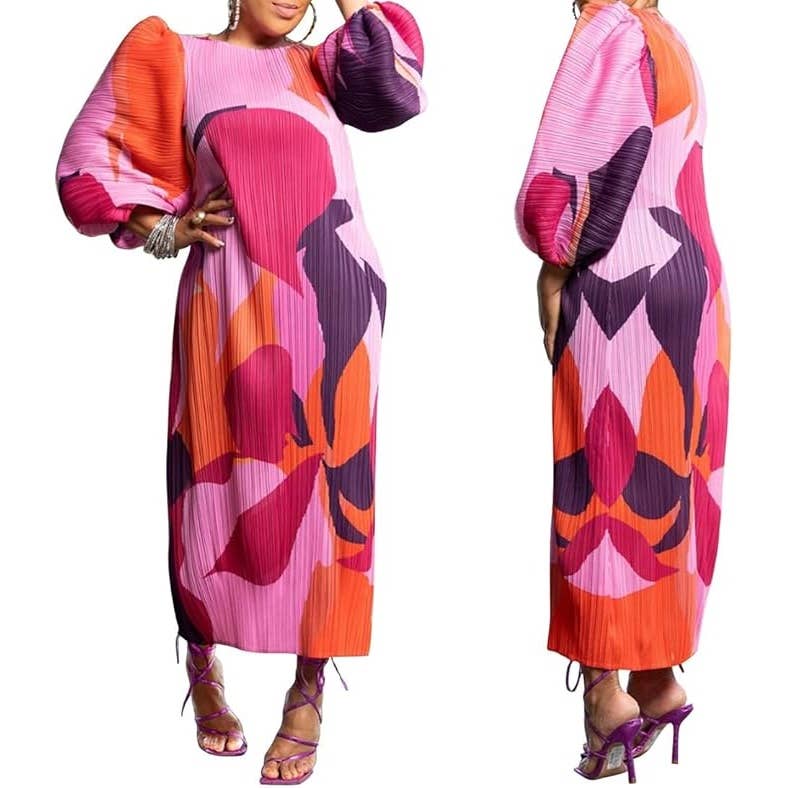 Colorful Puff Sleeve Pleated Maxi Dress
