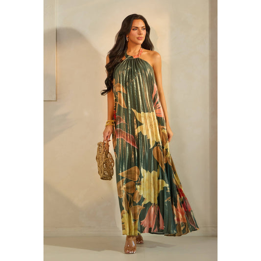 PLEATED FLORAL PRINT HALTER MAXI DRESS