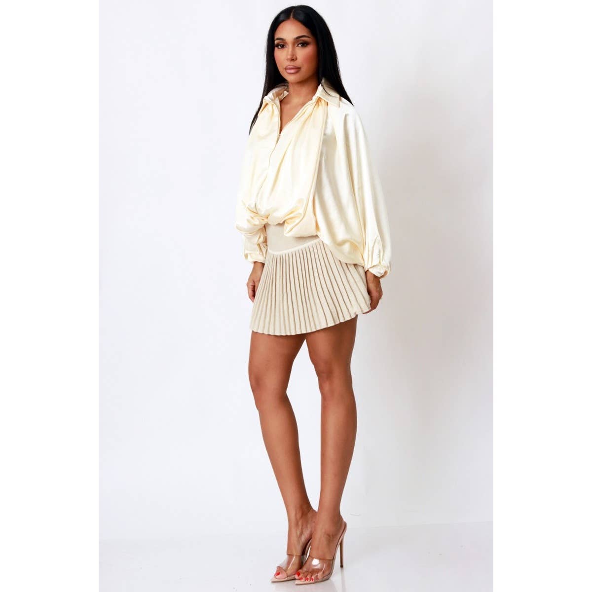 SATIN BUBBLE ZIP COLLAR TOP
