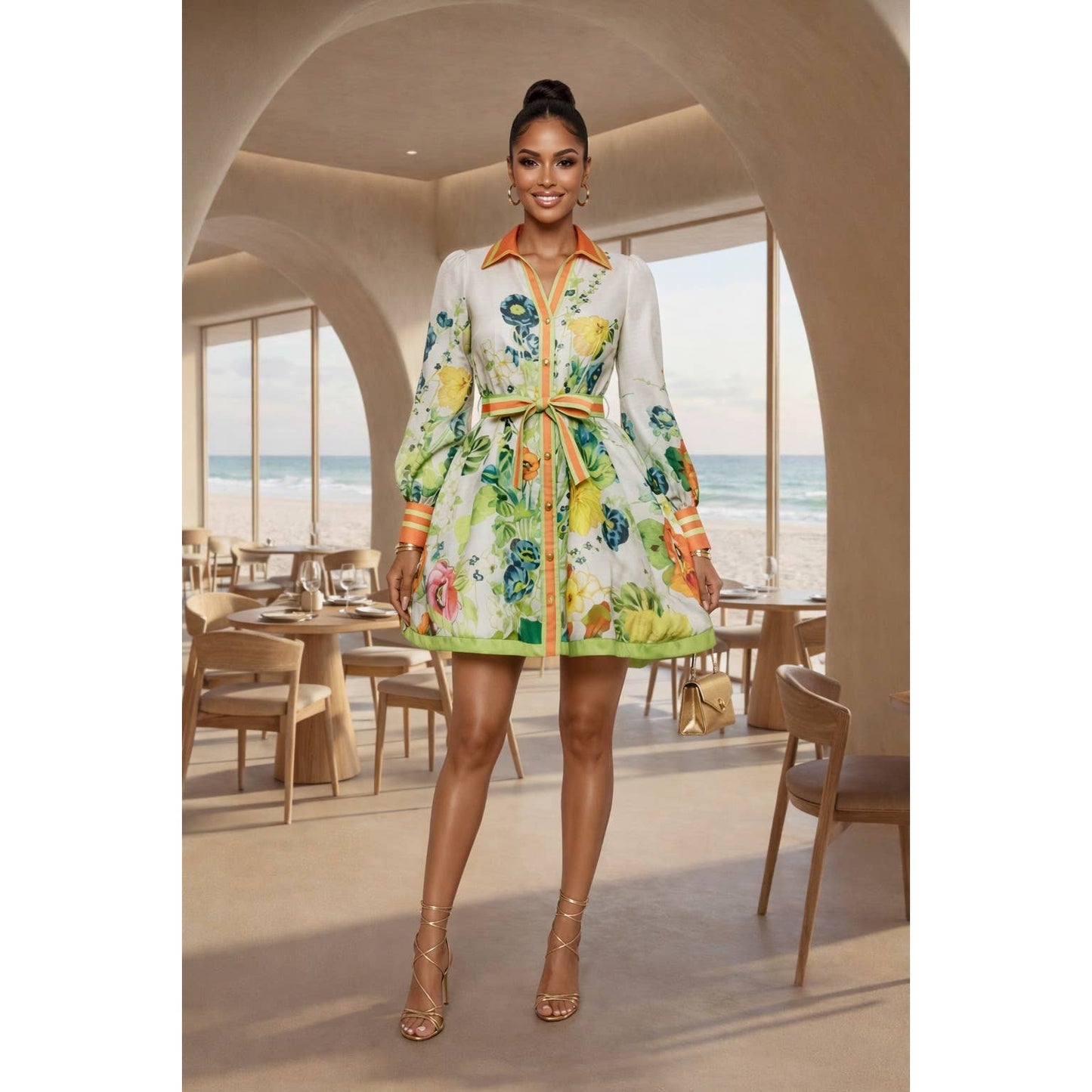 LINEN FLOWER PRINT MINI DRESS