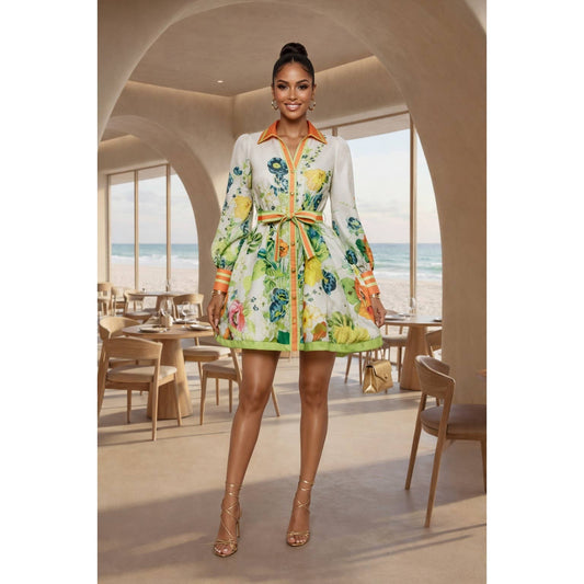 LINEN FLOWER PRINT MINI DRESS