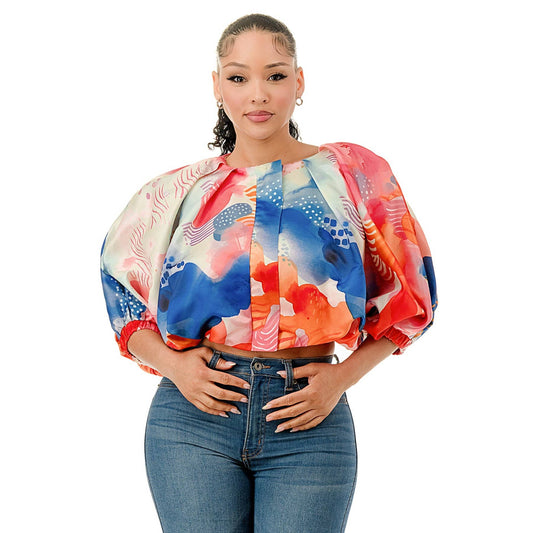 Balloon Short Sleeve Front Zip Bubble Cropped Top