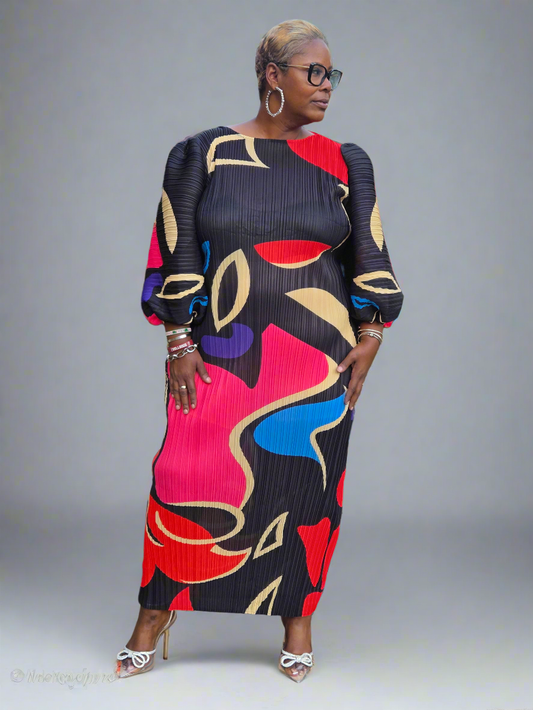 Colorful Puff Sleeve Pleated Maxi Dress-Black