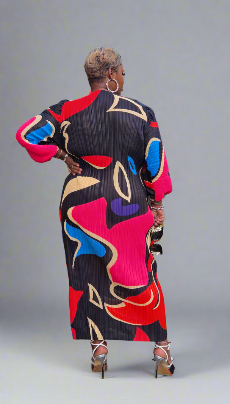 Colorful Puff Sleeve Pleated Maxi Dress-Black