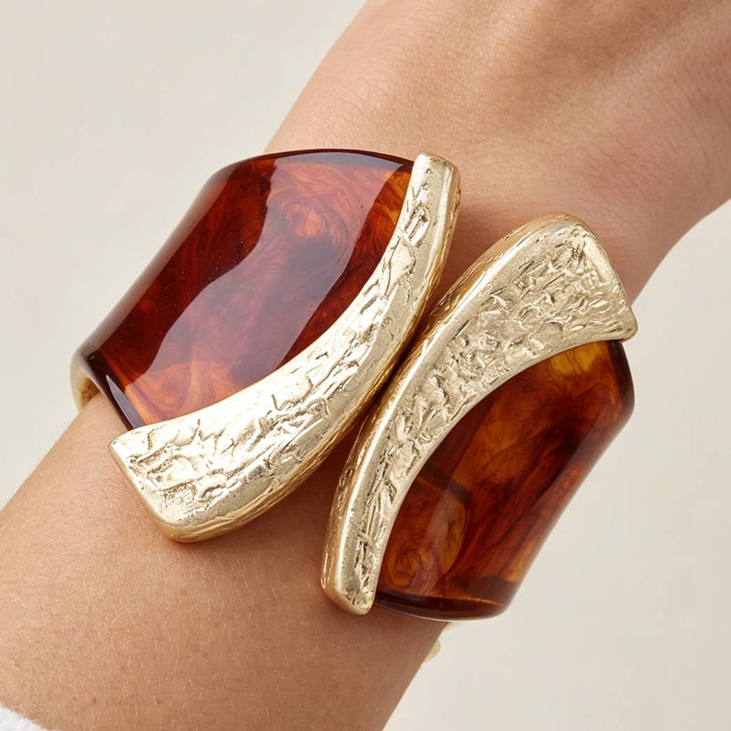 Sculptural Amber Resin & Gold Bypass Cuff