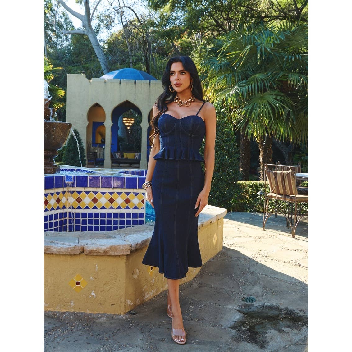 Stretch Denim Bustier Top With Midi Skirt Set