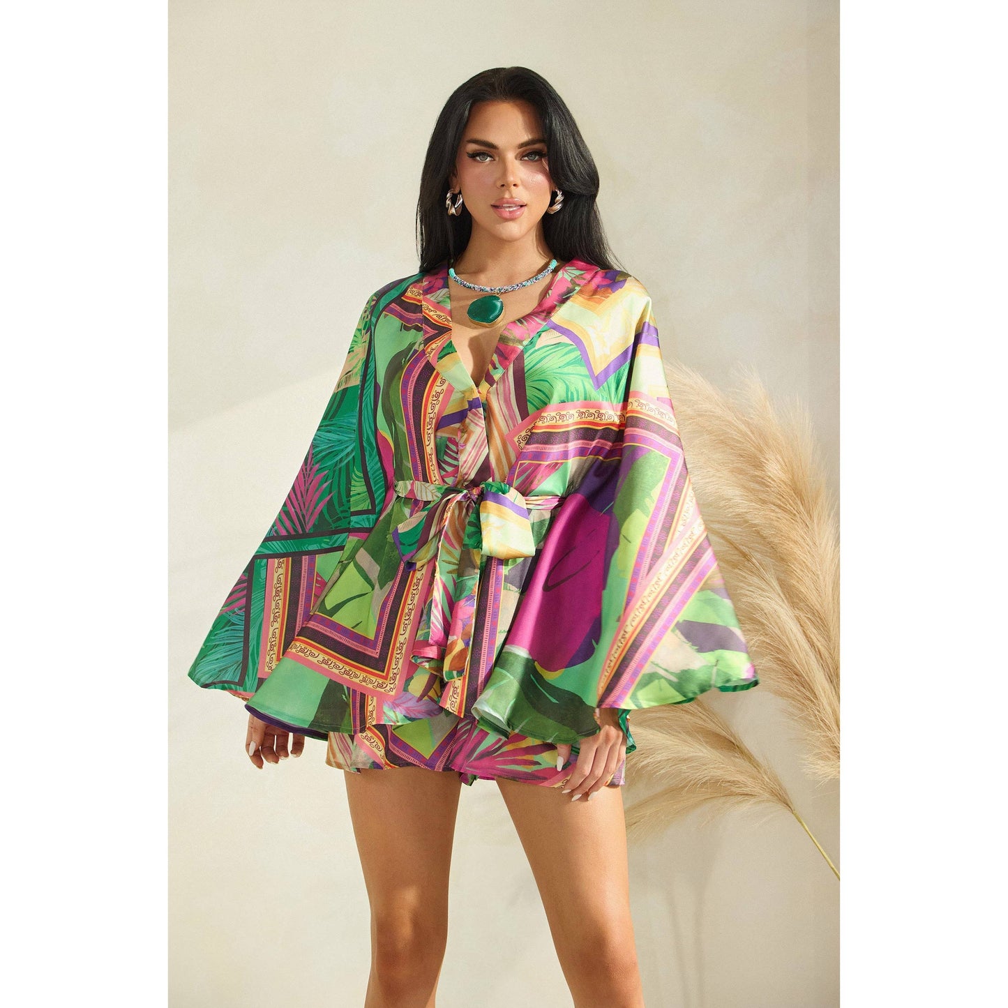 TROPICAL PRINT KIMONO TOP WITH SHORTS SET