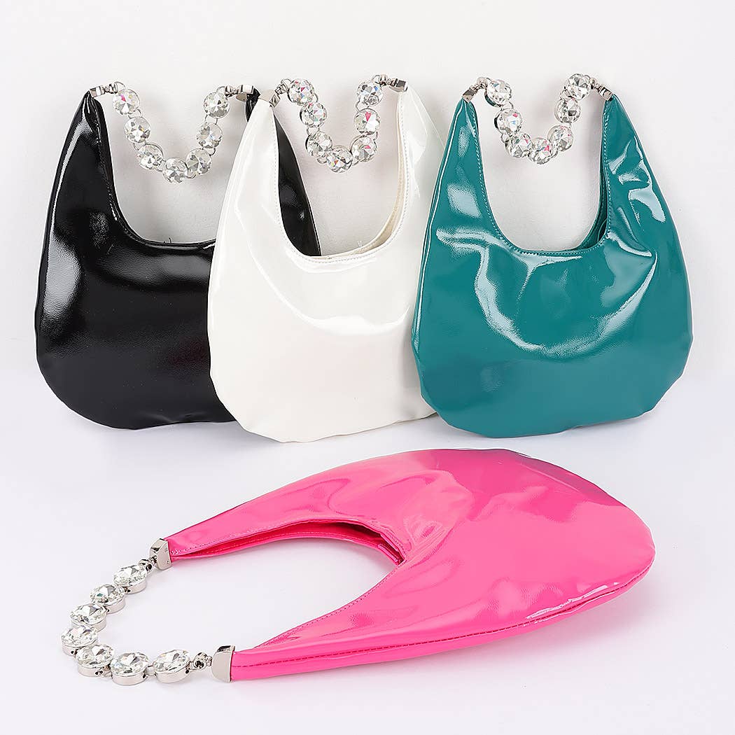 Patent Leather Rhinestone Handle Shoulder Bag