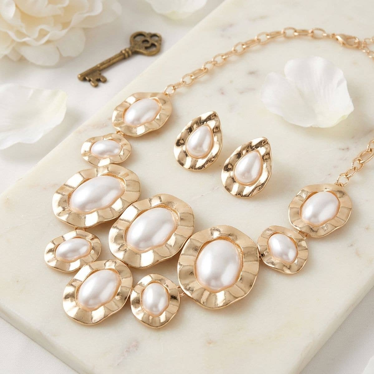 Gold Hammered Oval Pearl Linked Bib Necklace
