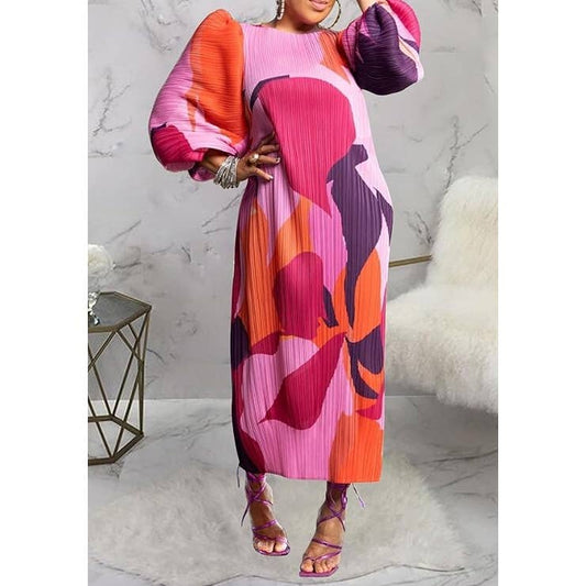Colorful Puff Sleeve Pleated Maxi Dress