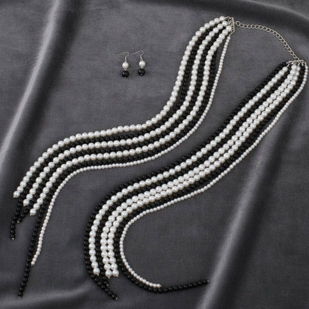 Long Black White Pearl Adjustable Knot Necklace