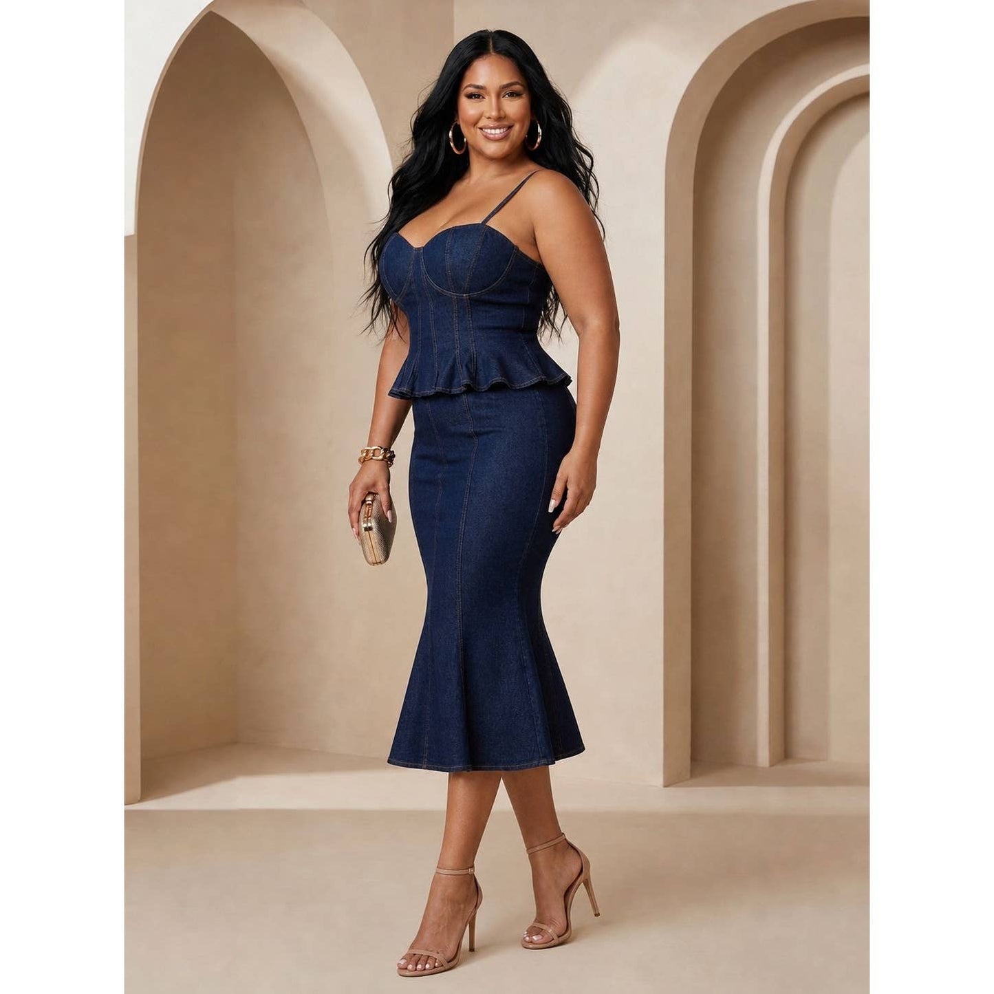 PLUS STRETCH DENIM BUSTIER TOP WITH MIDI SKIRT SET
