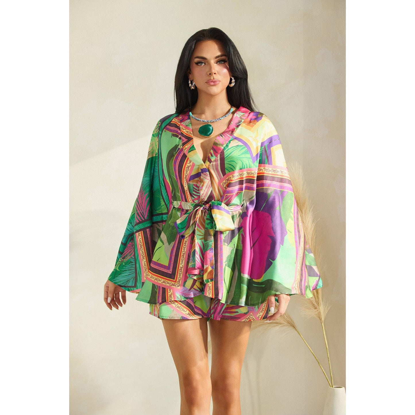 TROPICAL PRINT KIMONO TOP WITH SHORTS SET