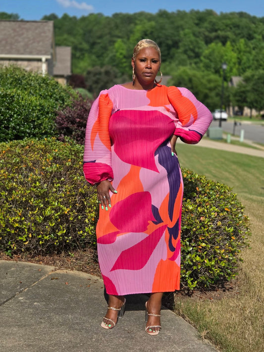 Colorful Puff Sleeve Pleated Maxi Dress