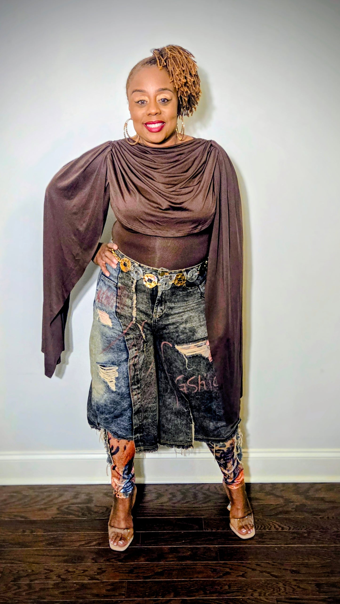 Draped Sleeve Solid Color Bodysuit