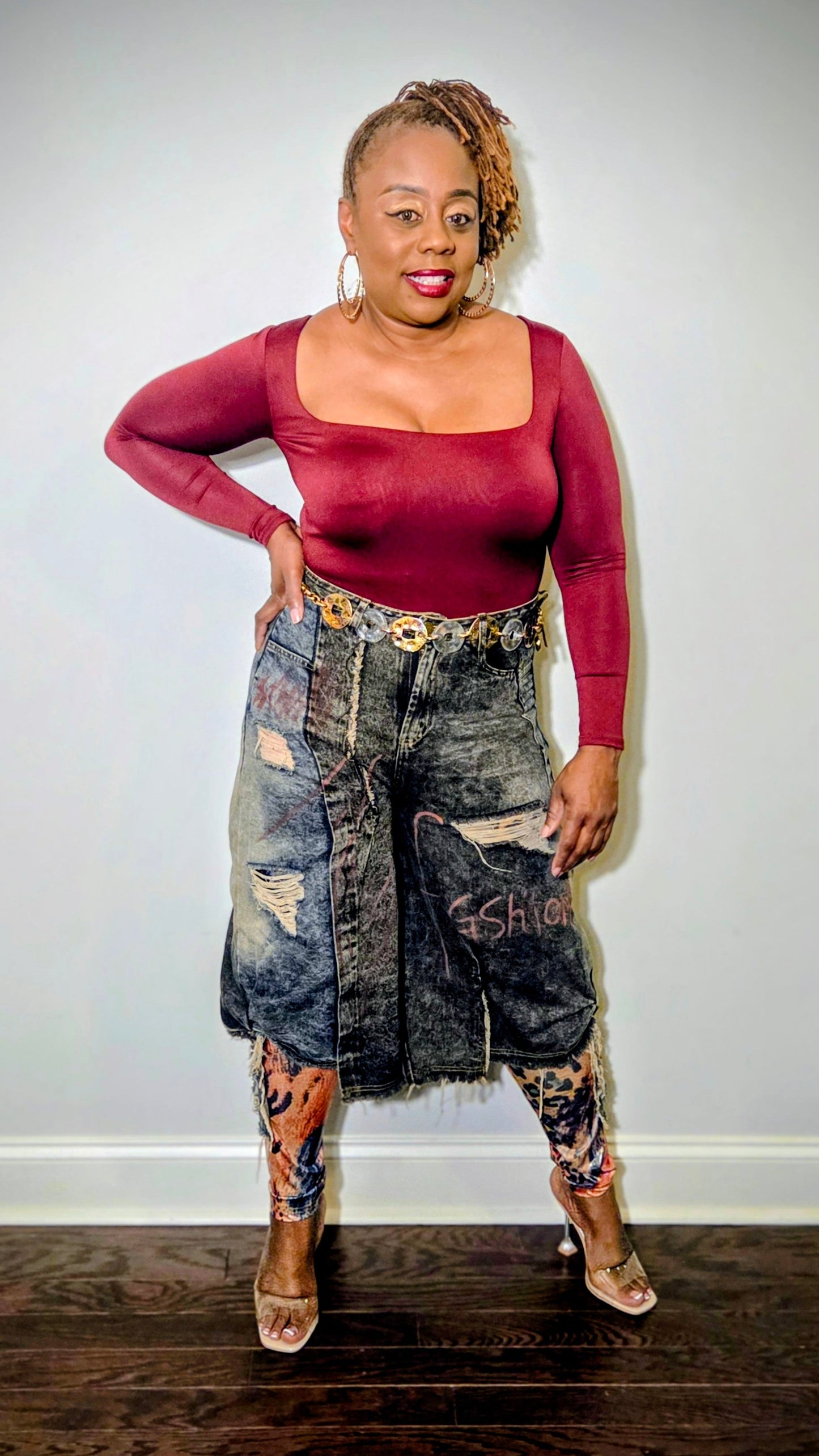 Distressed Denim Baggy Jean With Mesh Leggings