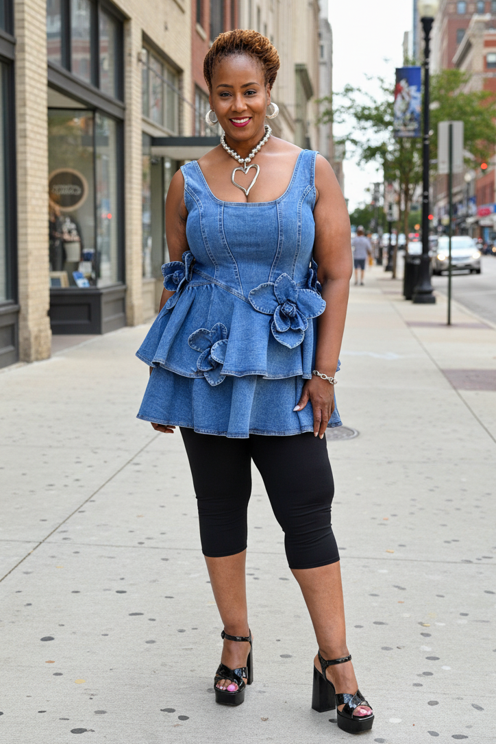 Denim Bloom Ruffle Top