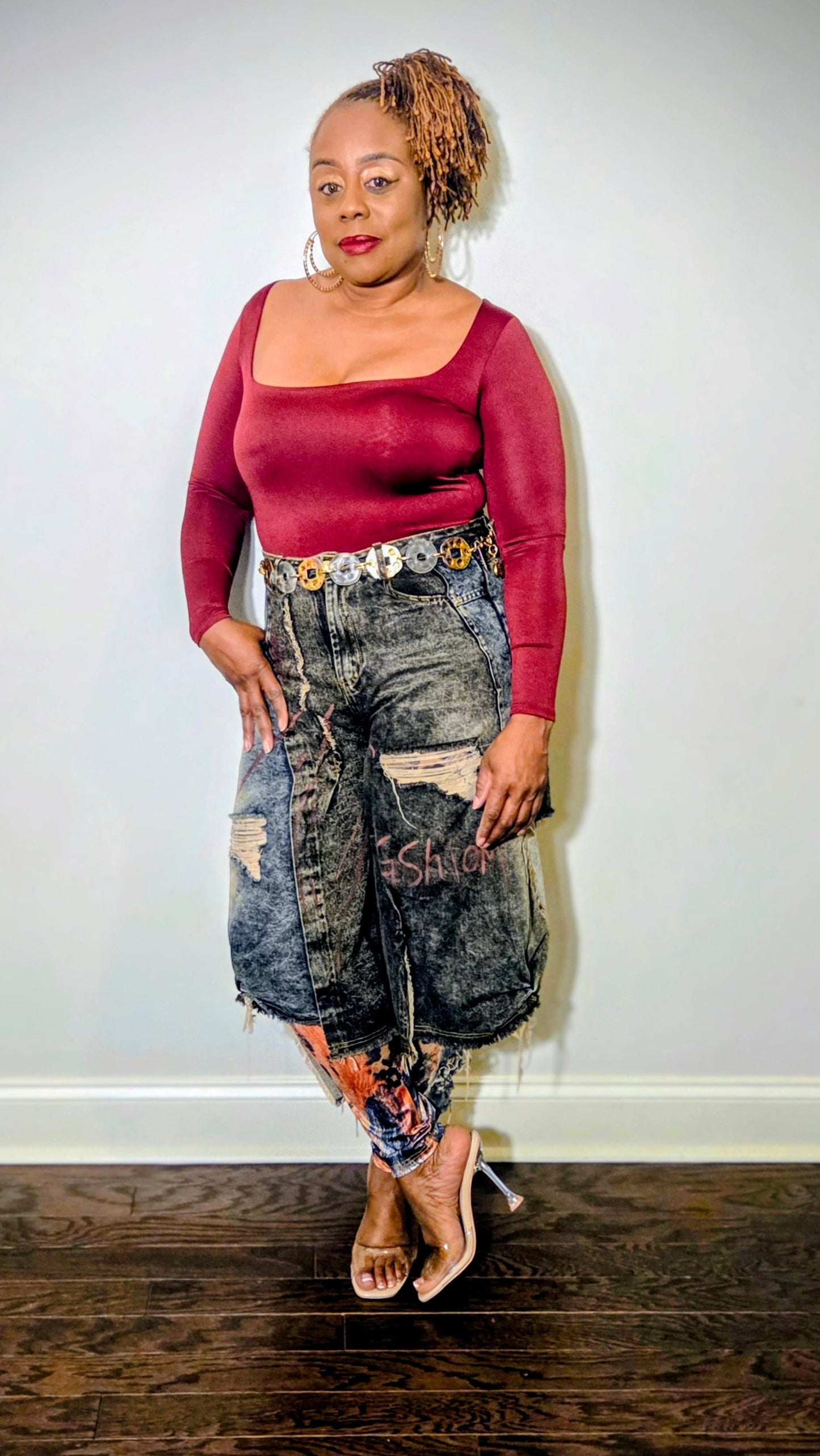 Distressed Denim Baggy Jean With Mesh Leggings