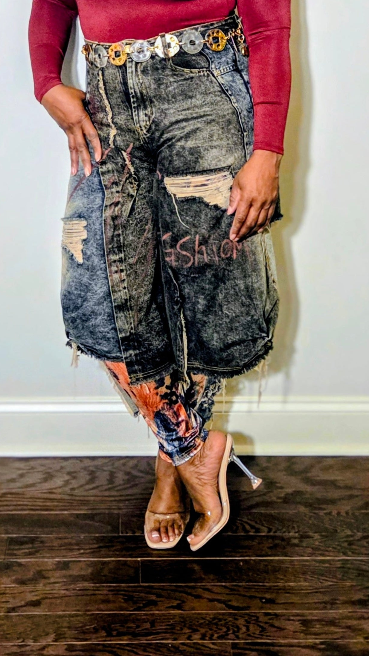 Distressed Denim Baggy Jean With Mesh Leggings