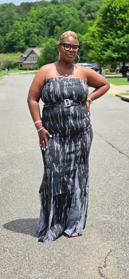 PLUS DENIM TUBE TOP BOTTOM CONTRAST DRESS