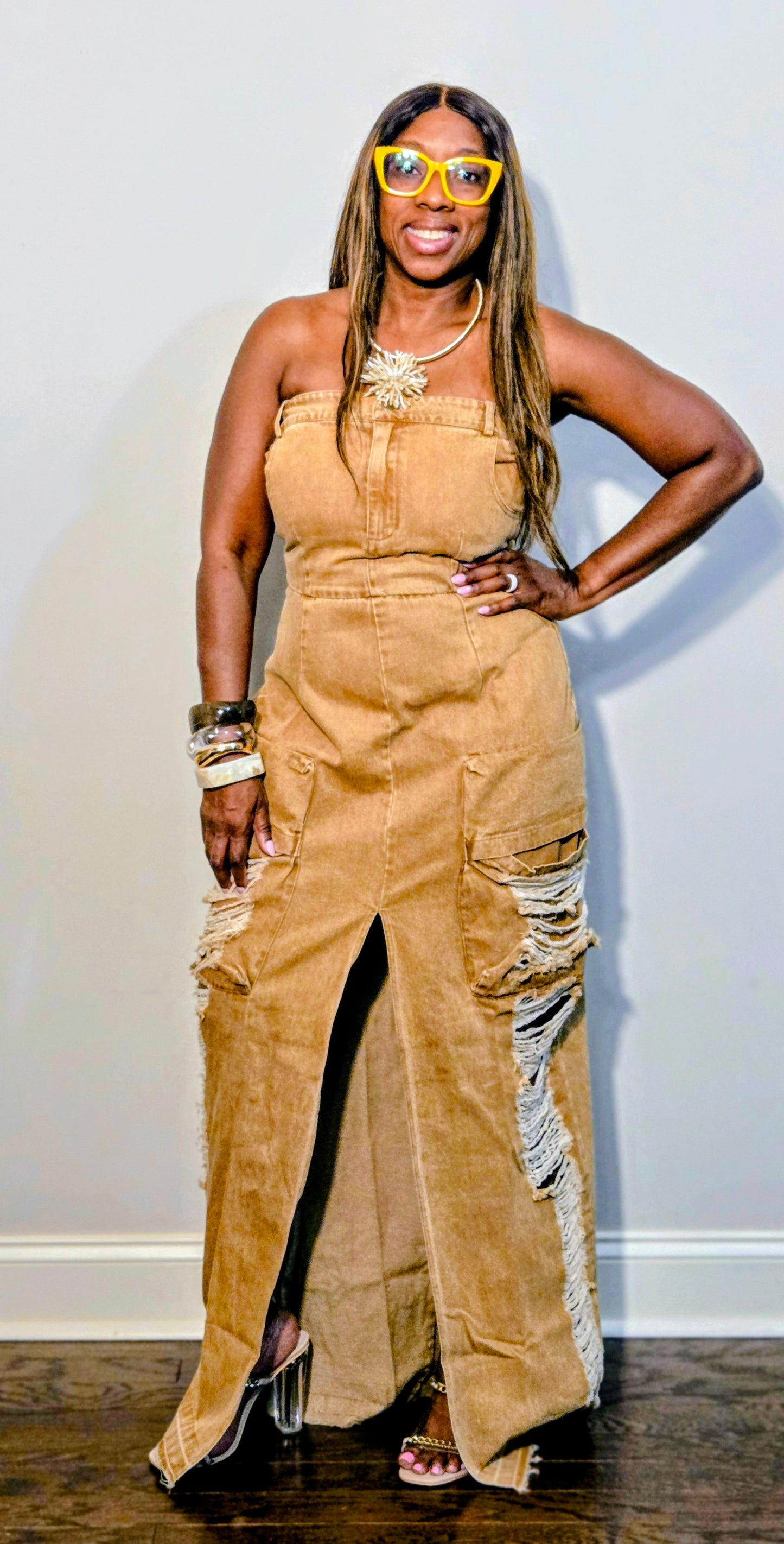 Vintage Washed Distressed Cargo Maxi Dress