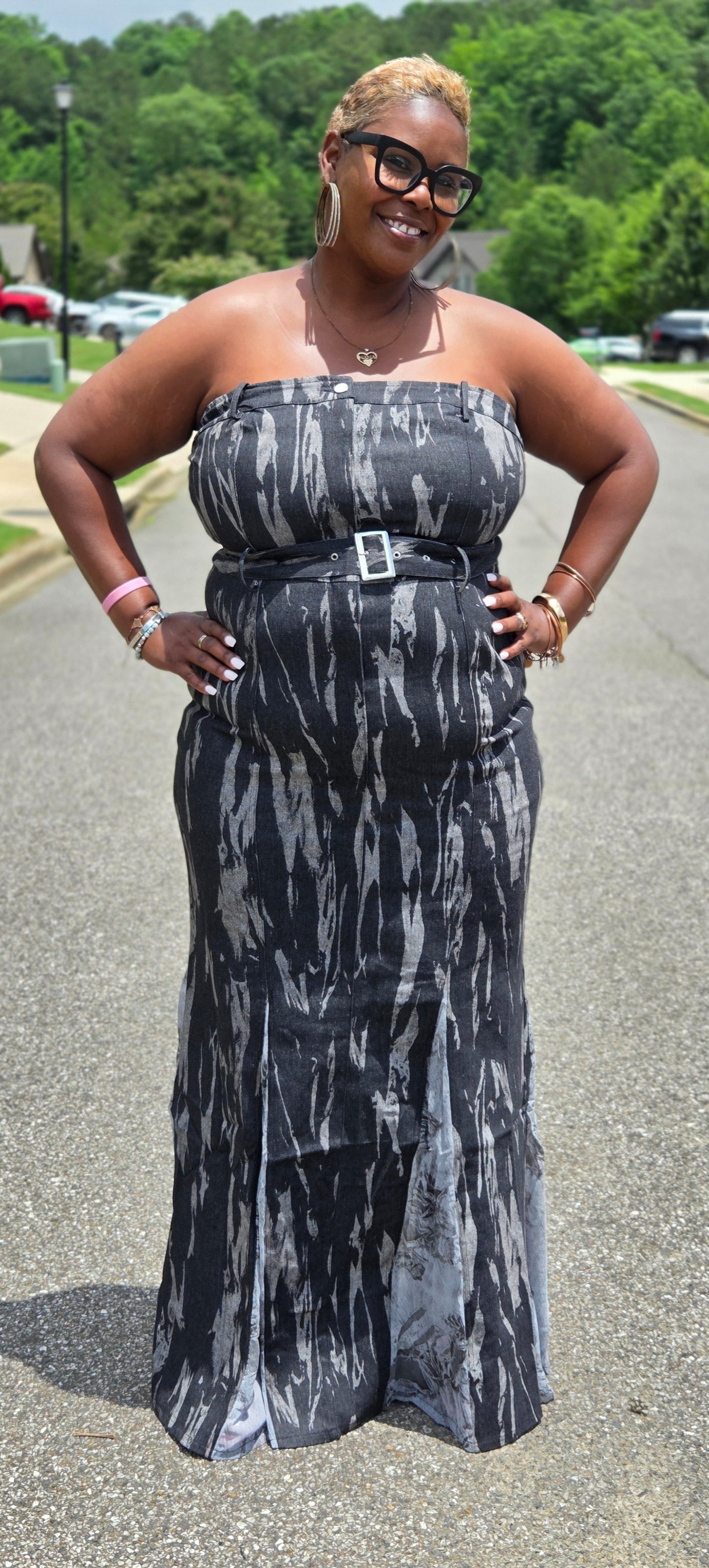 PLUS DENIM TUBE TOP BOTTOM CONTRAST DRESS