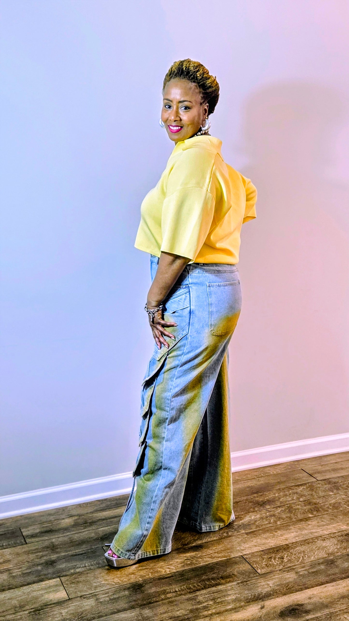 Laced Cargo Wide-Leg Denim Jeans