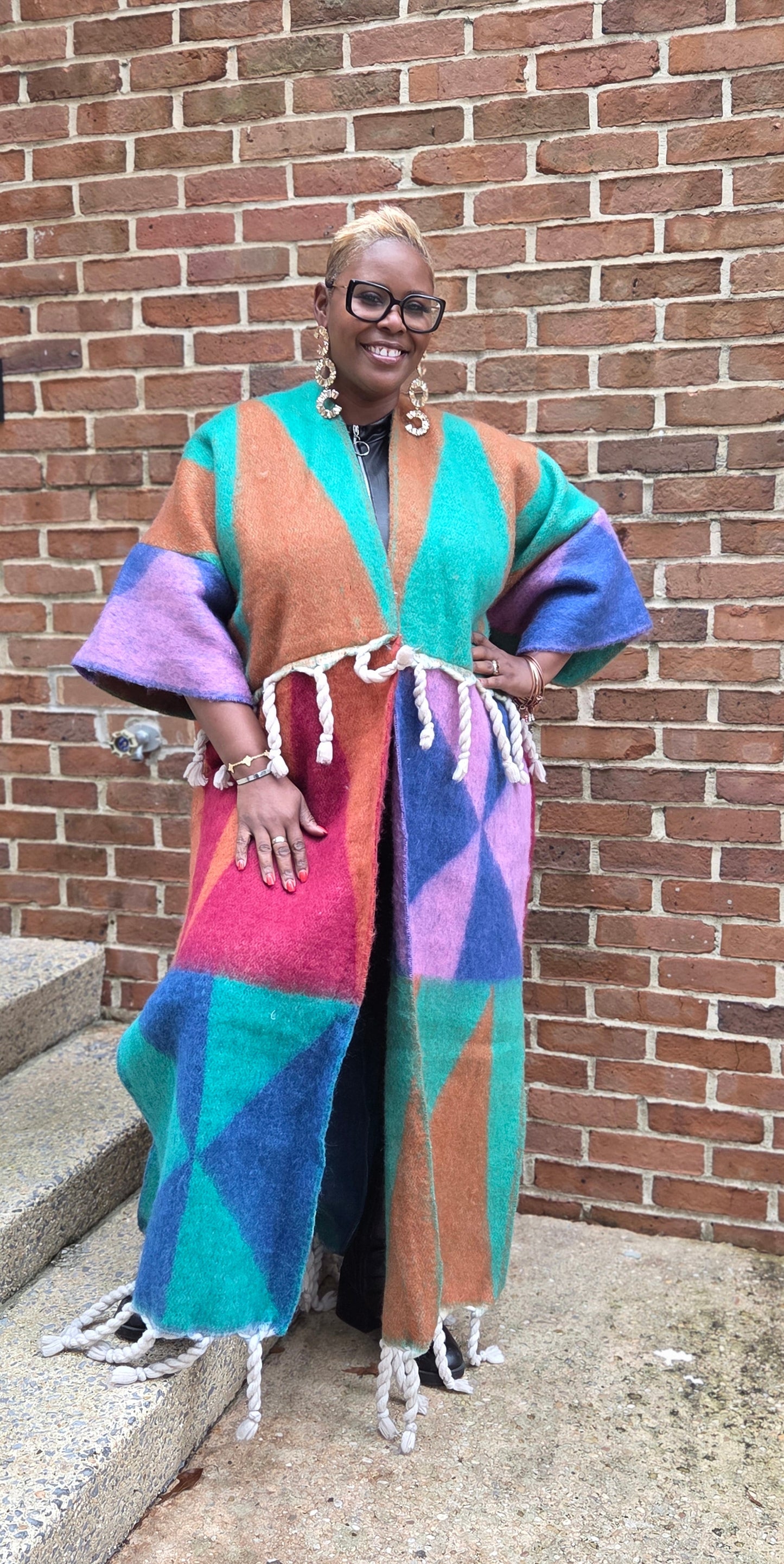 Geometric Color Block Long Cardigan