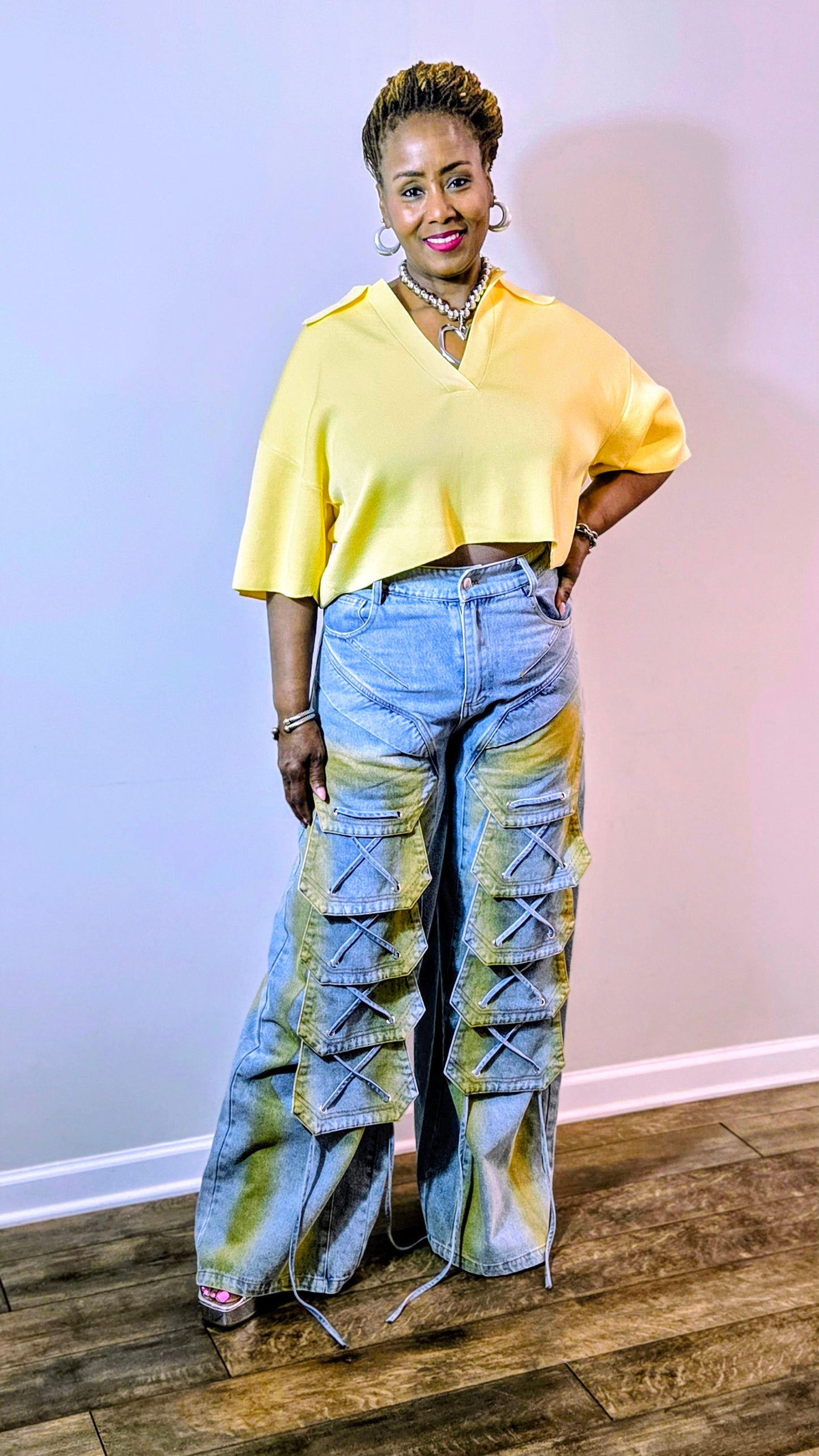 Laced Cargo Wide-Leg Denim Jeans