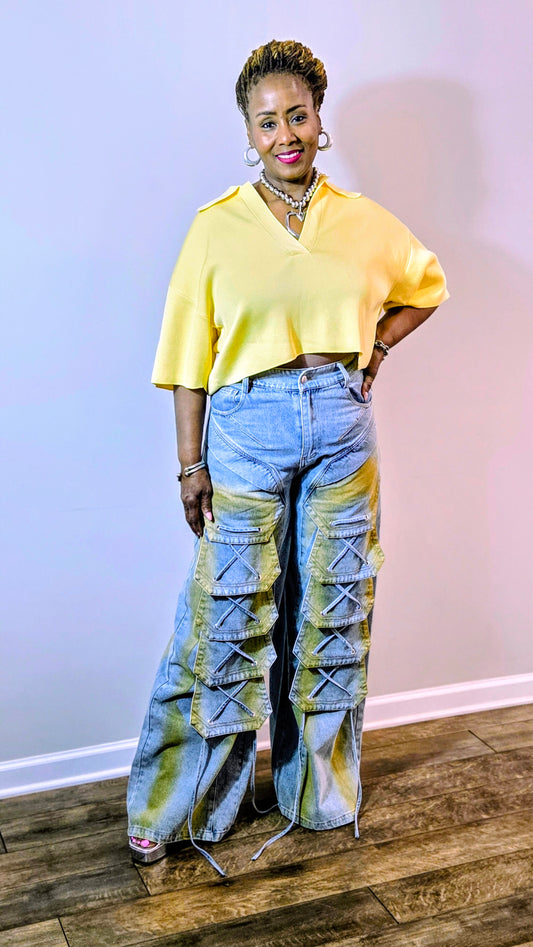 Laced Cargo Wide-Leg Denim Jeans
