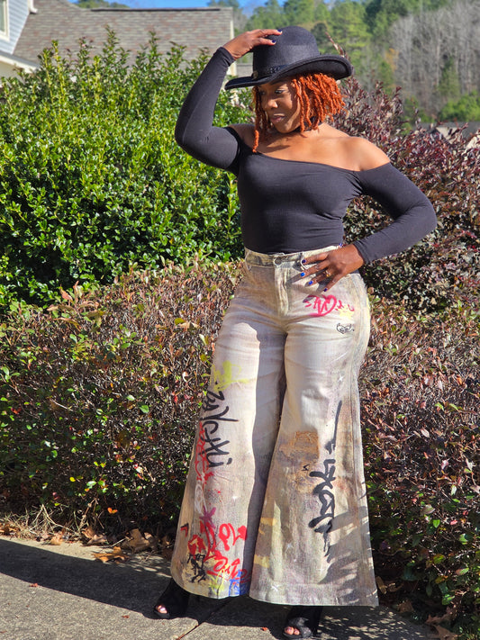 Street Poet Graffiti Wide-Leg Jeans