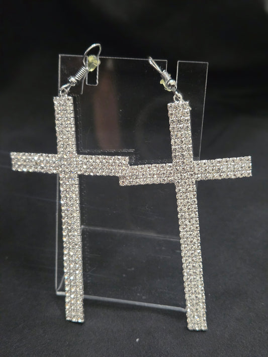 Clear Rhinestone Cross Earrings