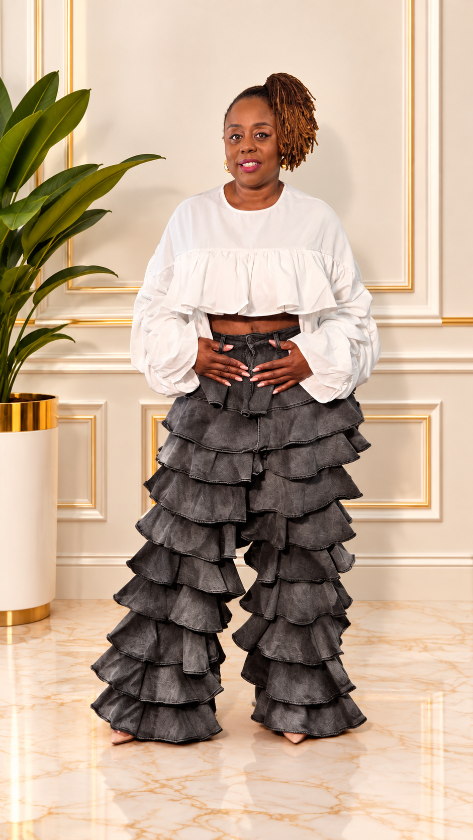 Chic Cascade Ruffle Denim