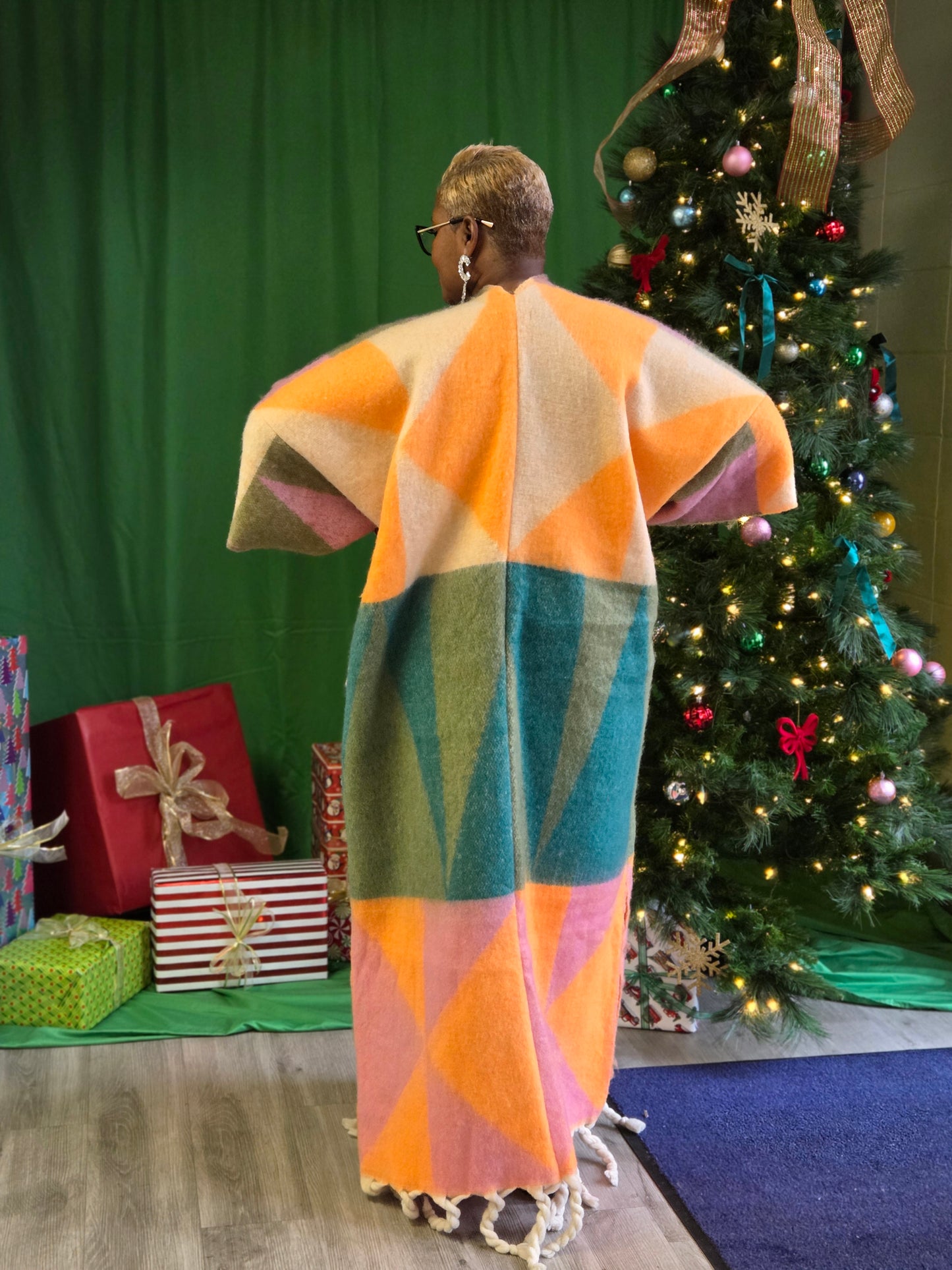 Geometric Color Block Long Cardigan
