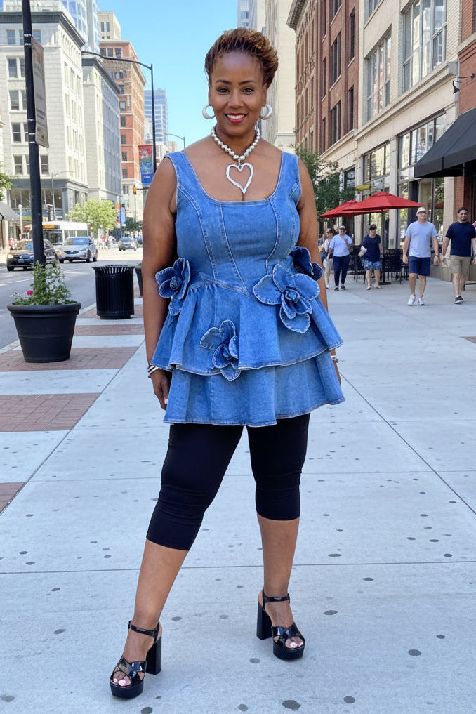 Denim Bloom Ruffle Top