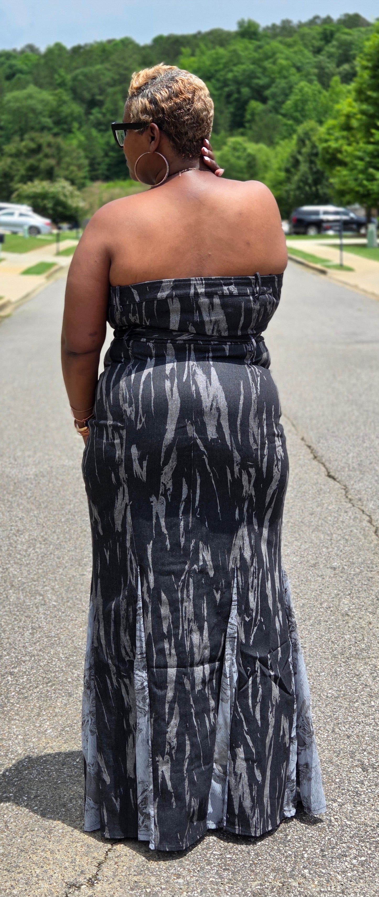 PLUS DENIM TUBE TOP BOTTOM CONTRAST DRESS