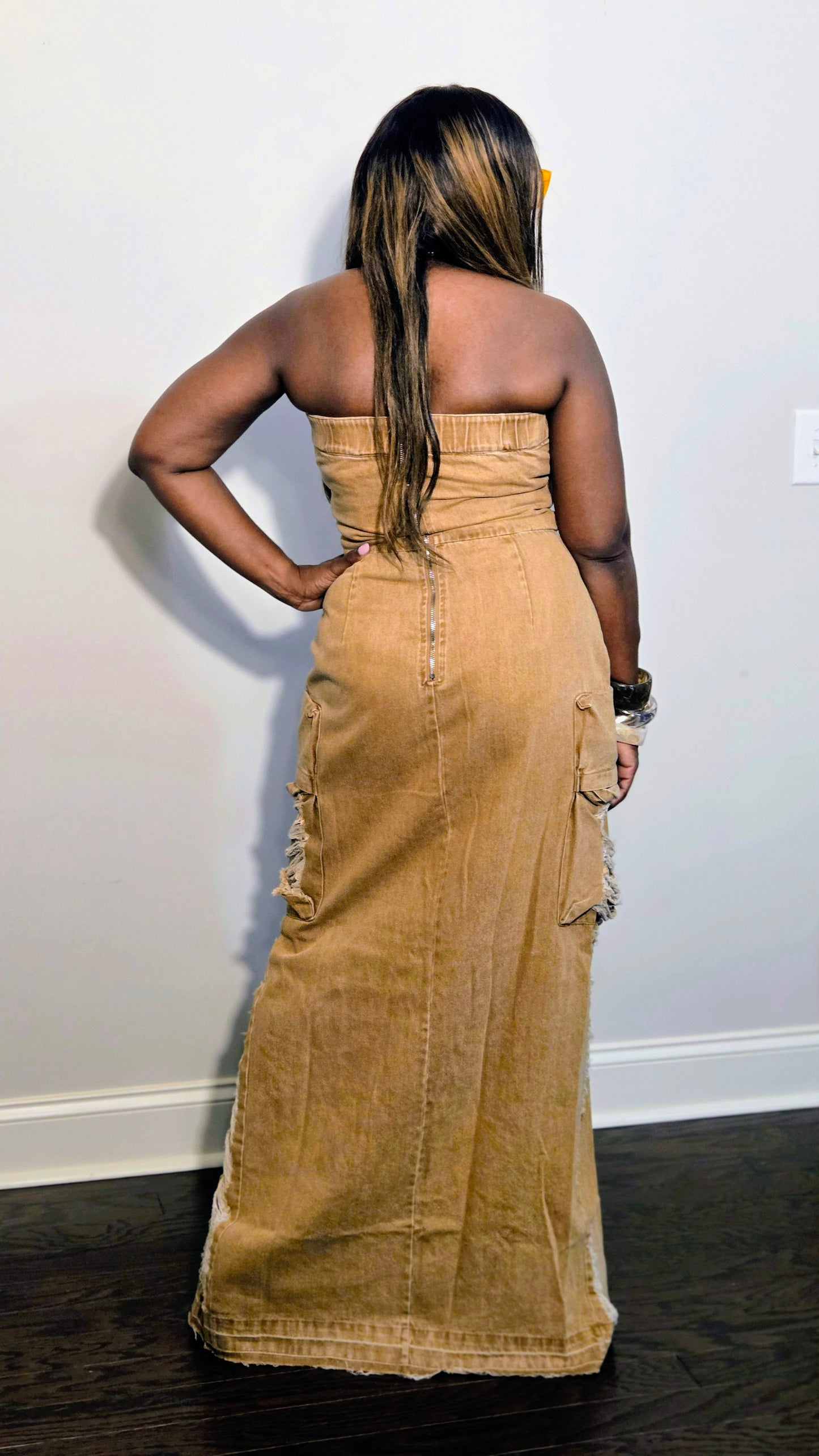 Vintage Washed Distressed Cargo Maxi Dress
